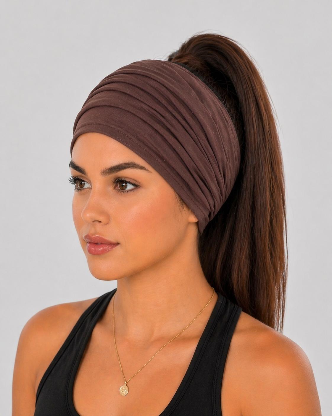 Brown Extra Wide Cotton Scrunch Headband handmade from soft stretchy cotton jersey fabric