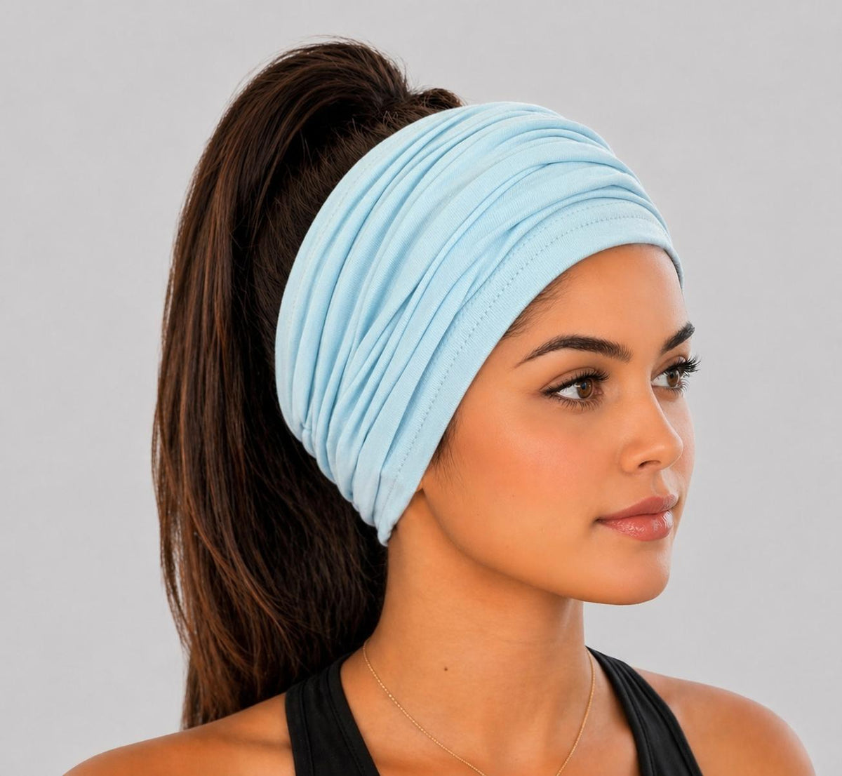 Light Blue Extra Wide Cotton Scrunch Headband made from soft cotton jersey fabric for everyday wear