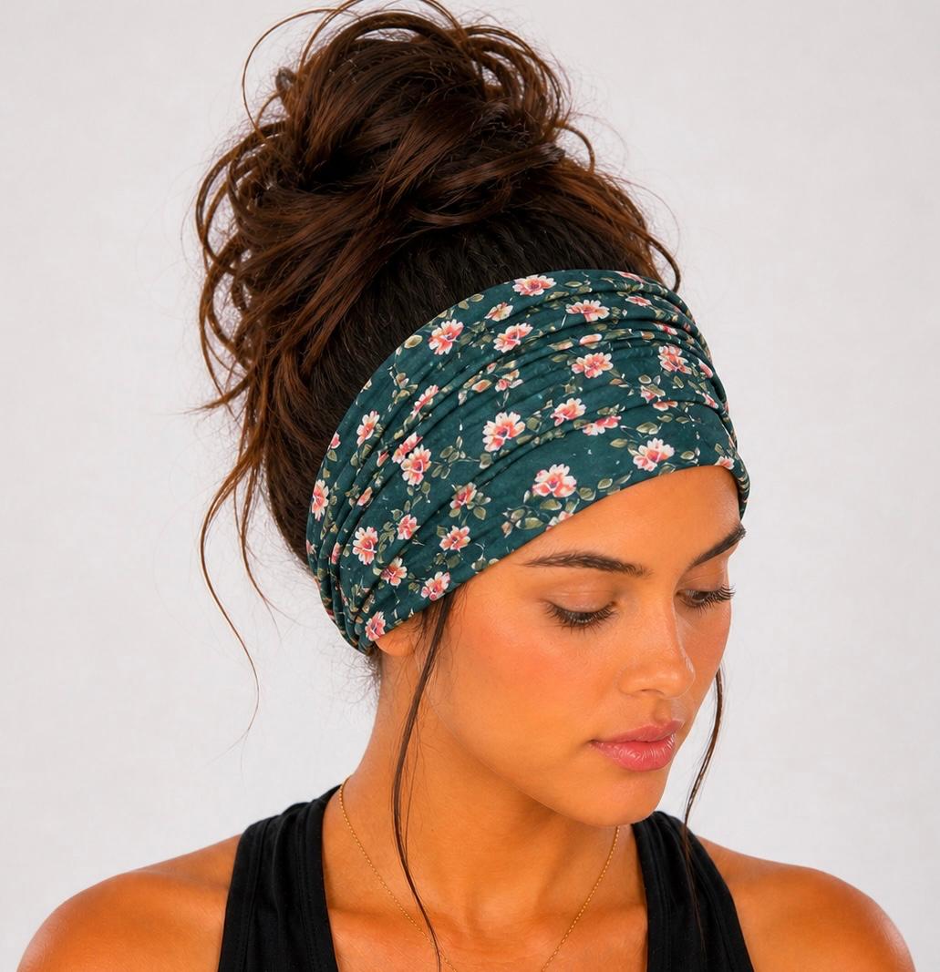 Teal Floral Extra Wide Knit Scrunch Headband with pink and white flowers handmade from soft stretchy jersey fabric
