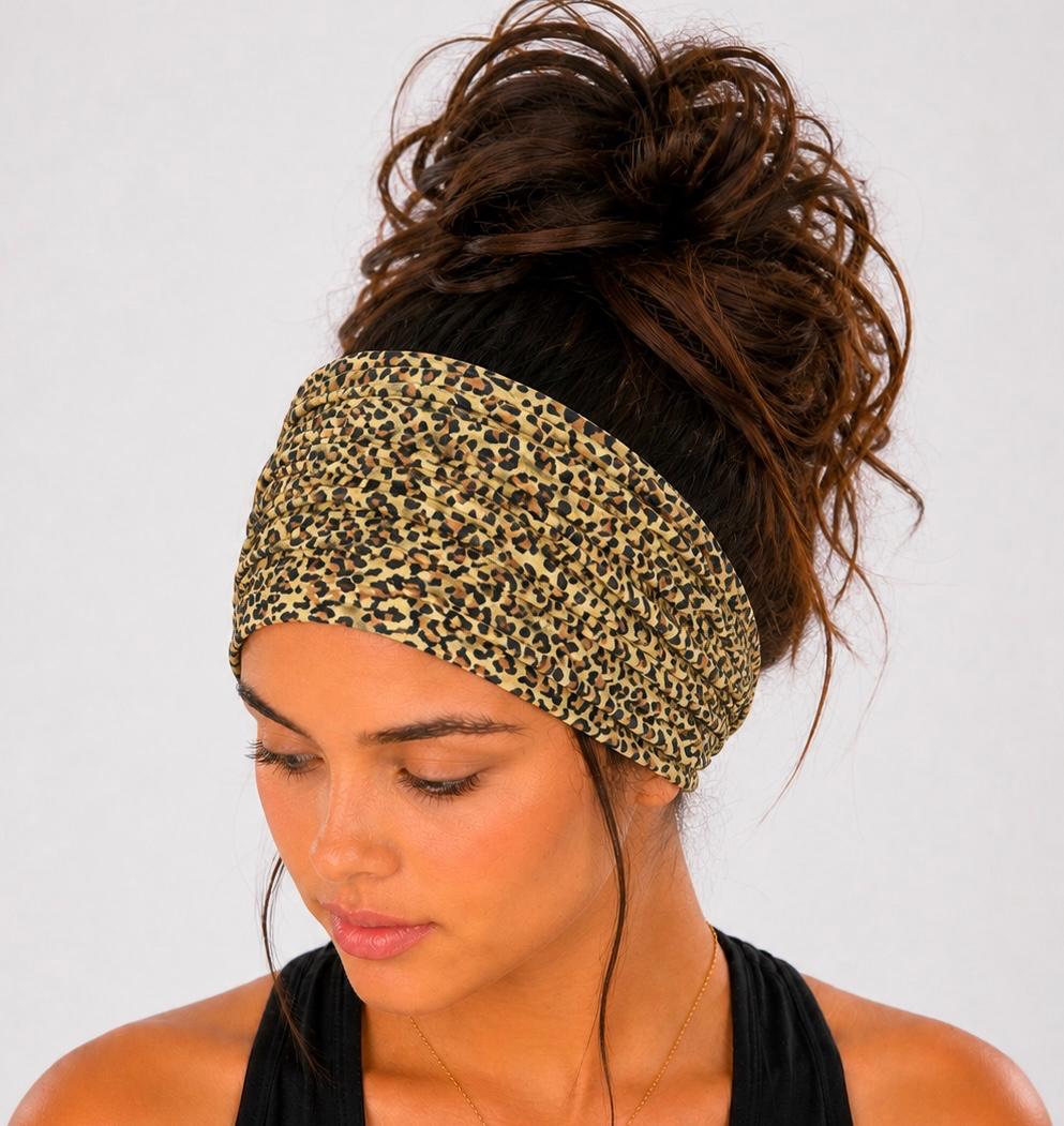 Cheetah Extra Wide Scrunch Headband handmade from soft stretchy jersey fabric