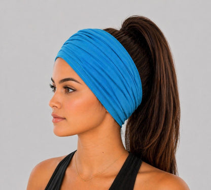 Turquoise Extra Wide Cotton Scrunch Headband made from soft cotton jersey fabric for everyday wear
