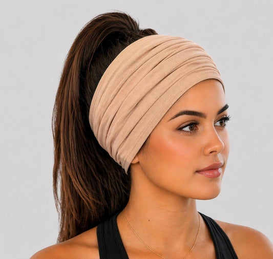 Nude Extra Wide Cotton Scrunch Headband made from soft cotton jersey fabric for everyday wear
