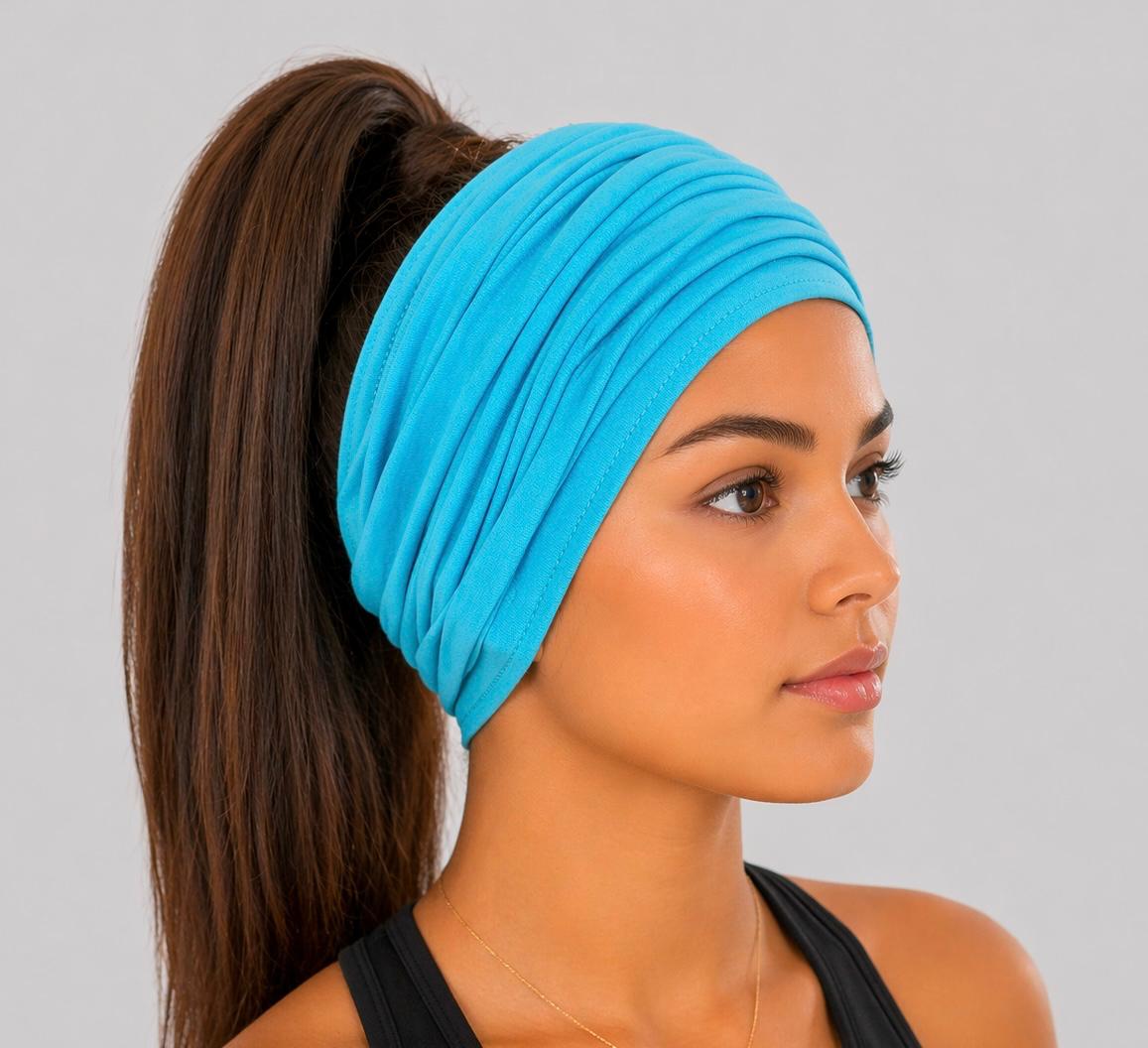 Aqua Extra Wide Cotton Scrunch Headband handmade from soft stretchy cotton jersey fabric
