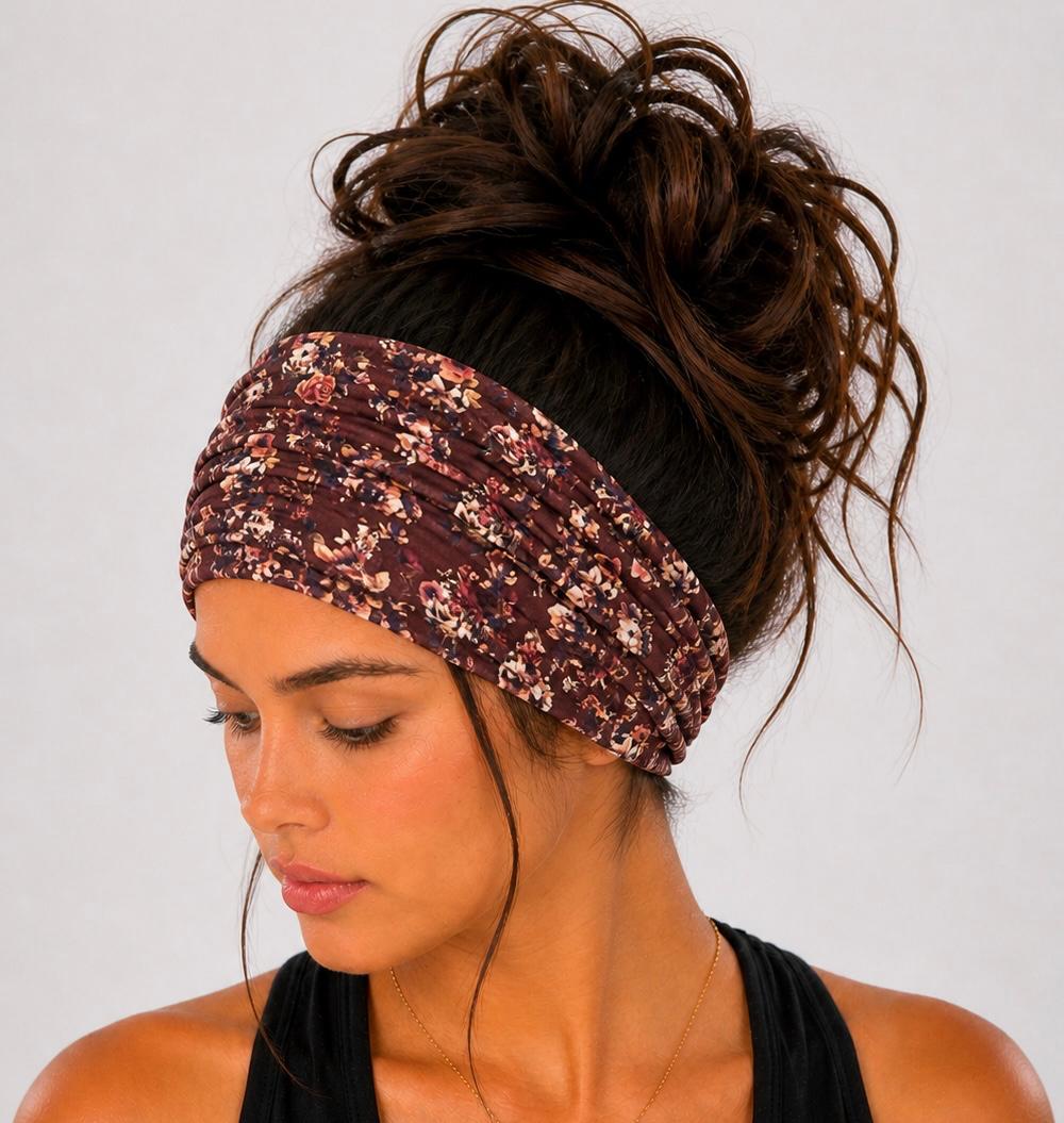 Floral Extra Wide Knit Scrunch Headband handmade from soft stretchy jersey fabric
