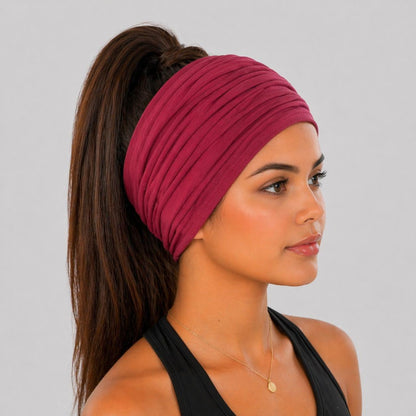 Burgundy Extra Wide Cotton Scrunch Headband made from soft cotton jersey fabric for everyday wear
