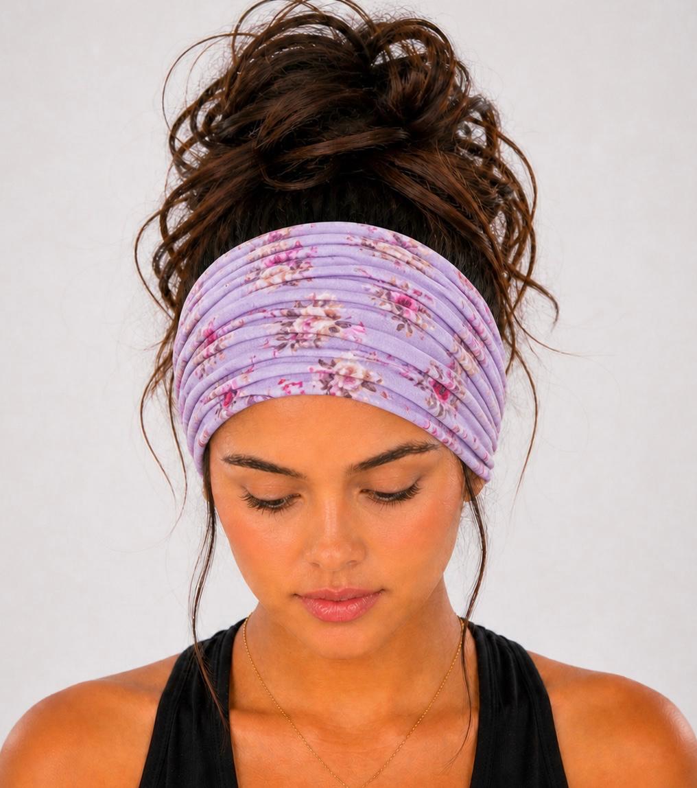 Floral Extra Wide Knit Scrunch Headband handmade from soft stretchy jersey fabric
