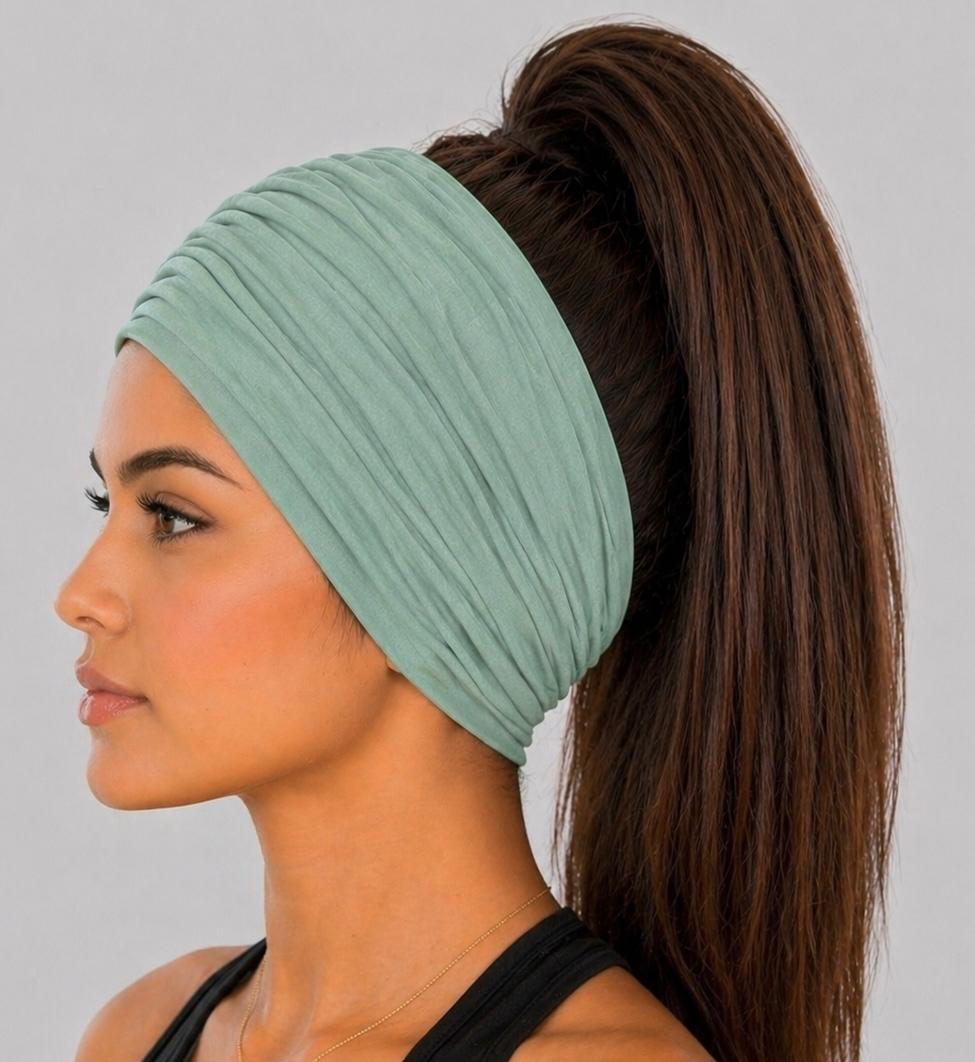 Sage Green Extra Wide Cotton Scrunch Headband made from soft cotton jersey fabric for everyday wear
