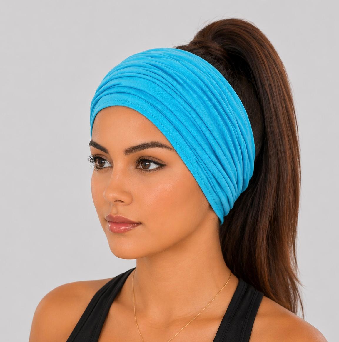 Aqua Extra Wide Cotton Scrunch Headband handmade from soft stretchy cotton jersey fabric
