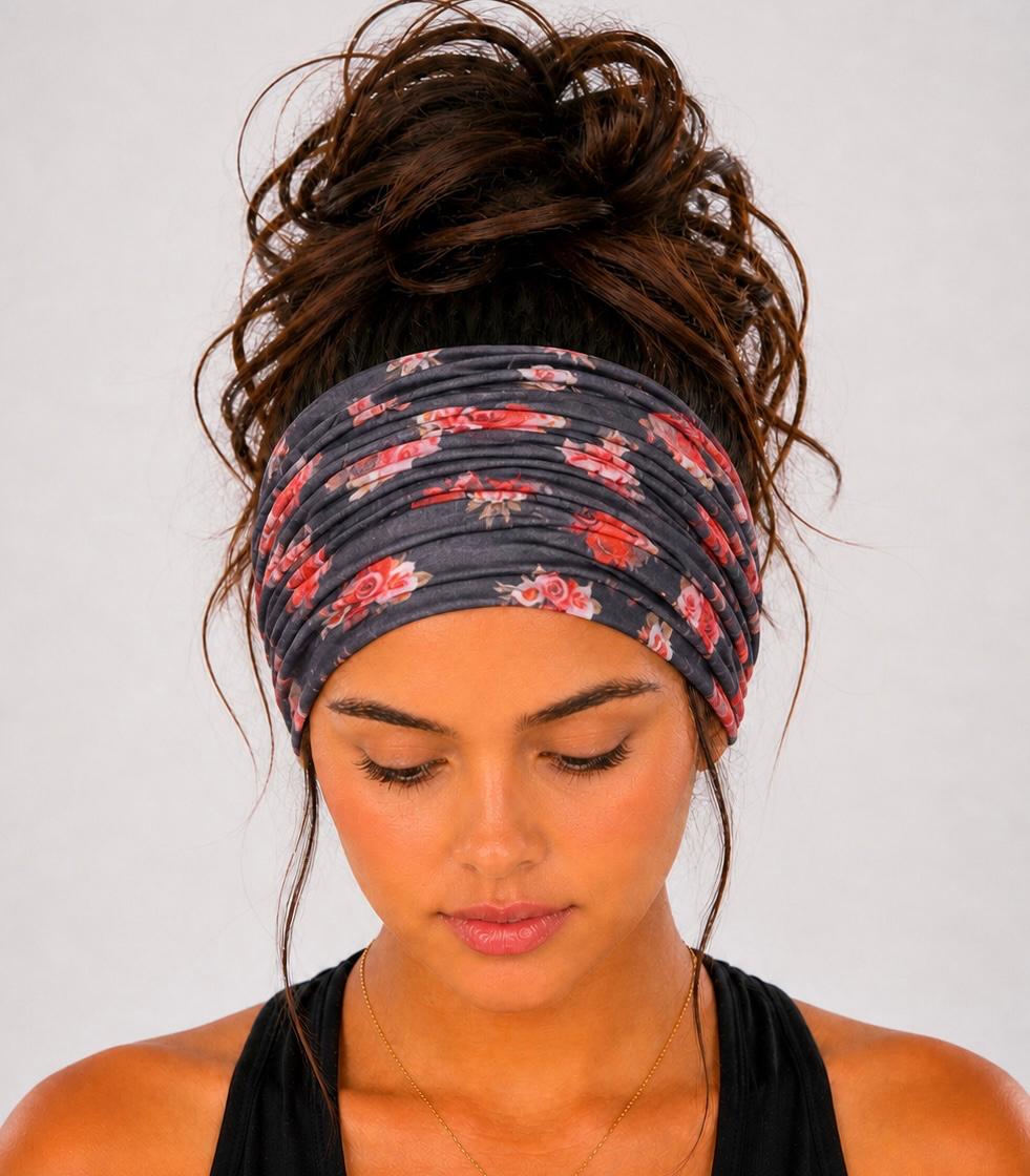 Black and Coral Floral Extra Wide Knit Scrunch Headband handmade from soft stretchy jersey fabric
