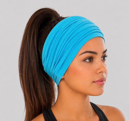 Aqua Extra Wide Cotton Scrunch Headband handmade from soft stretchy cotton jersey fabric
