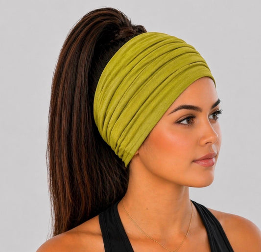Chartreuse Green Extra Wide Cotton Scrunch Headband handmade from soft stretchy cotton jersey fabric
