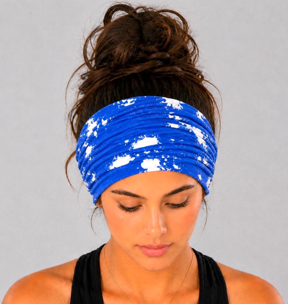 Blue and White Tie-Dye Extra Wide Knit Scrunch Headband handmade from soft stretchy jersey fabric
