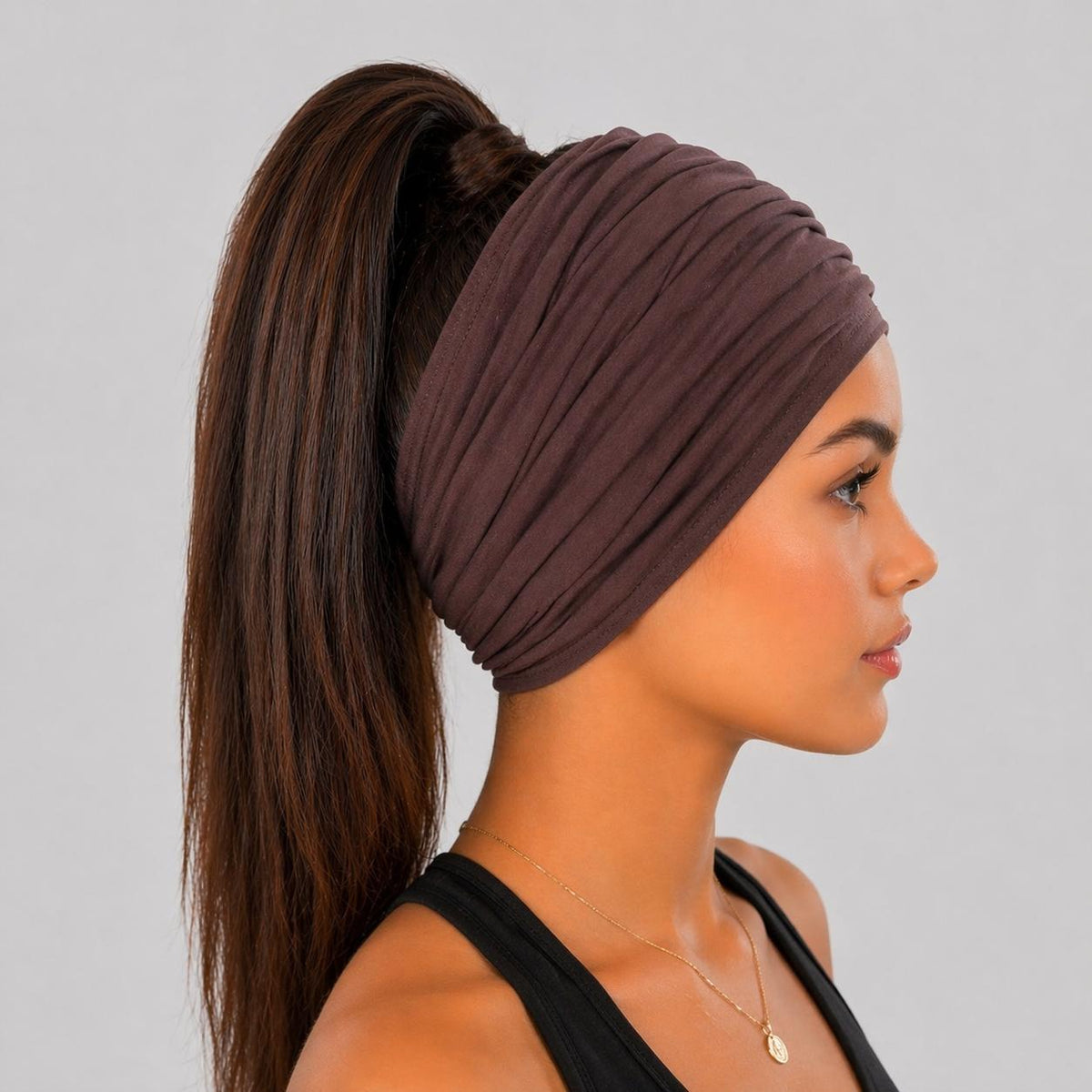 Brown Extra Wide Cotton Scrunch Headband handmade from soft stretchy cotton jersey fabric
