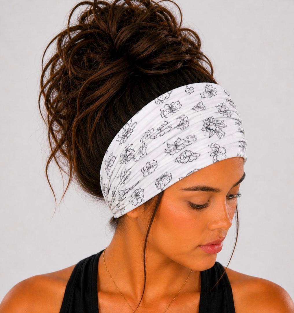Floral Extra Wide Knit Scrunch Headband handmade from soft stretchy jersey fabric
