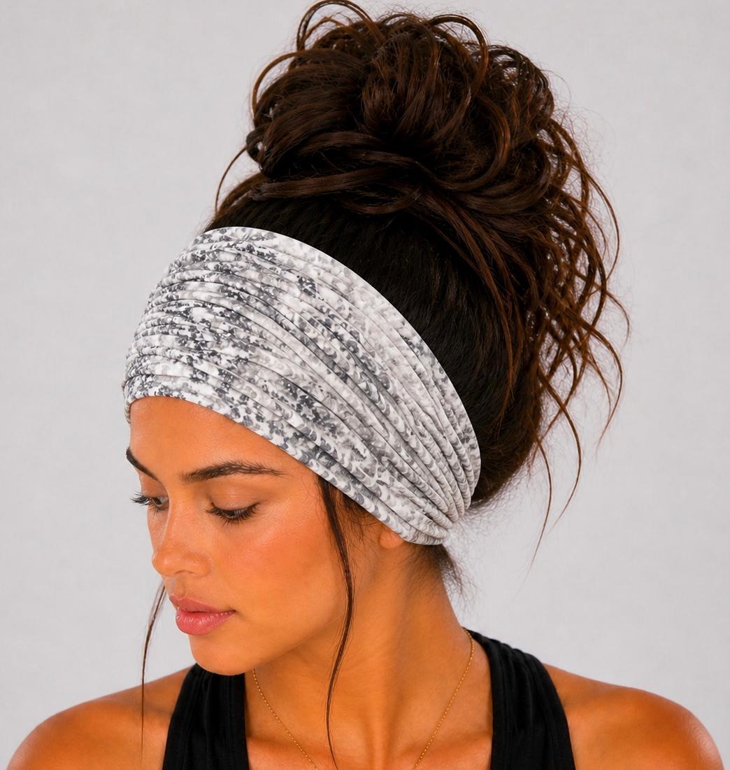 Grey and White Tie Dye Extra Wide Knit Scrunch Headband handmade from soft stretchy jersey fabric
