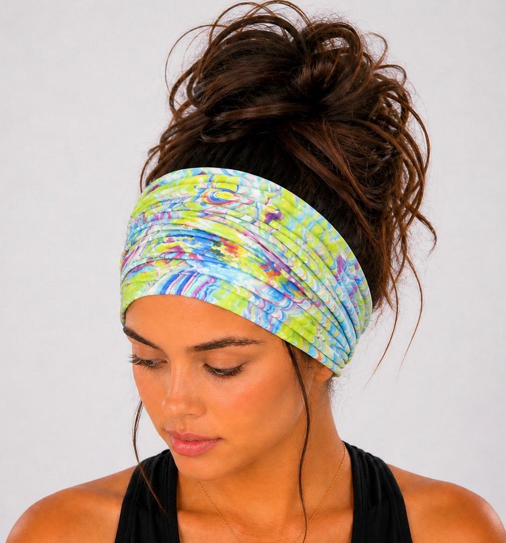 Colorful Tie-Dye Extra Wide Knit Scrunch Headband handmade from soft stretchy jersey fabric
