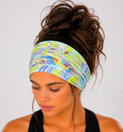 Colorful Tie-Dye Extra Wide Knit Scrunch Headband handmade from soft stretchy jersey fabric
