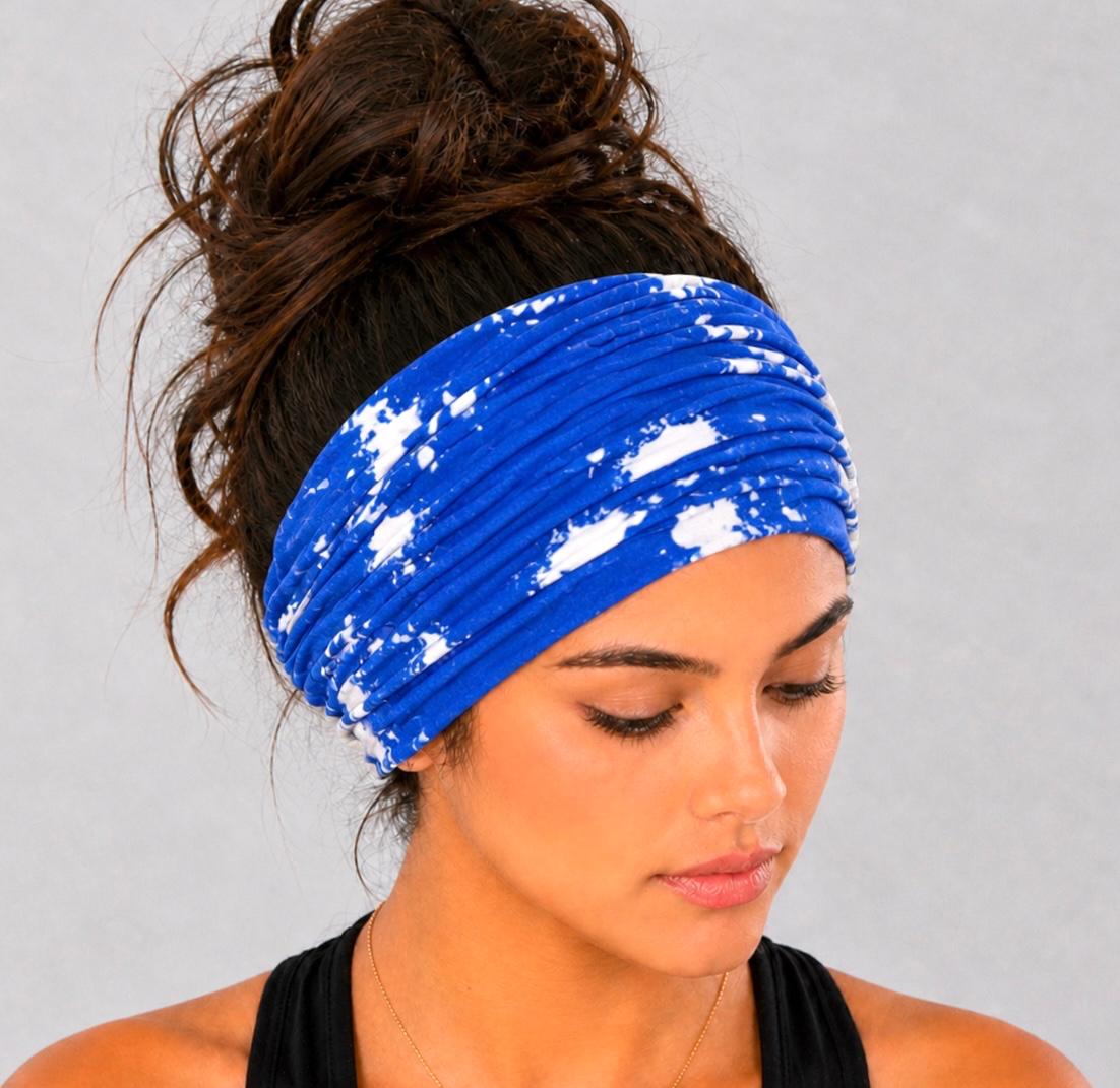 Blue and White Tie-Dye Extra Wide Knit Scrunch Headband handmade from soft stretchy jersey fabric
