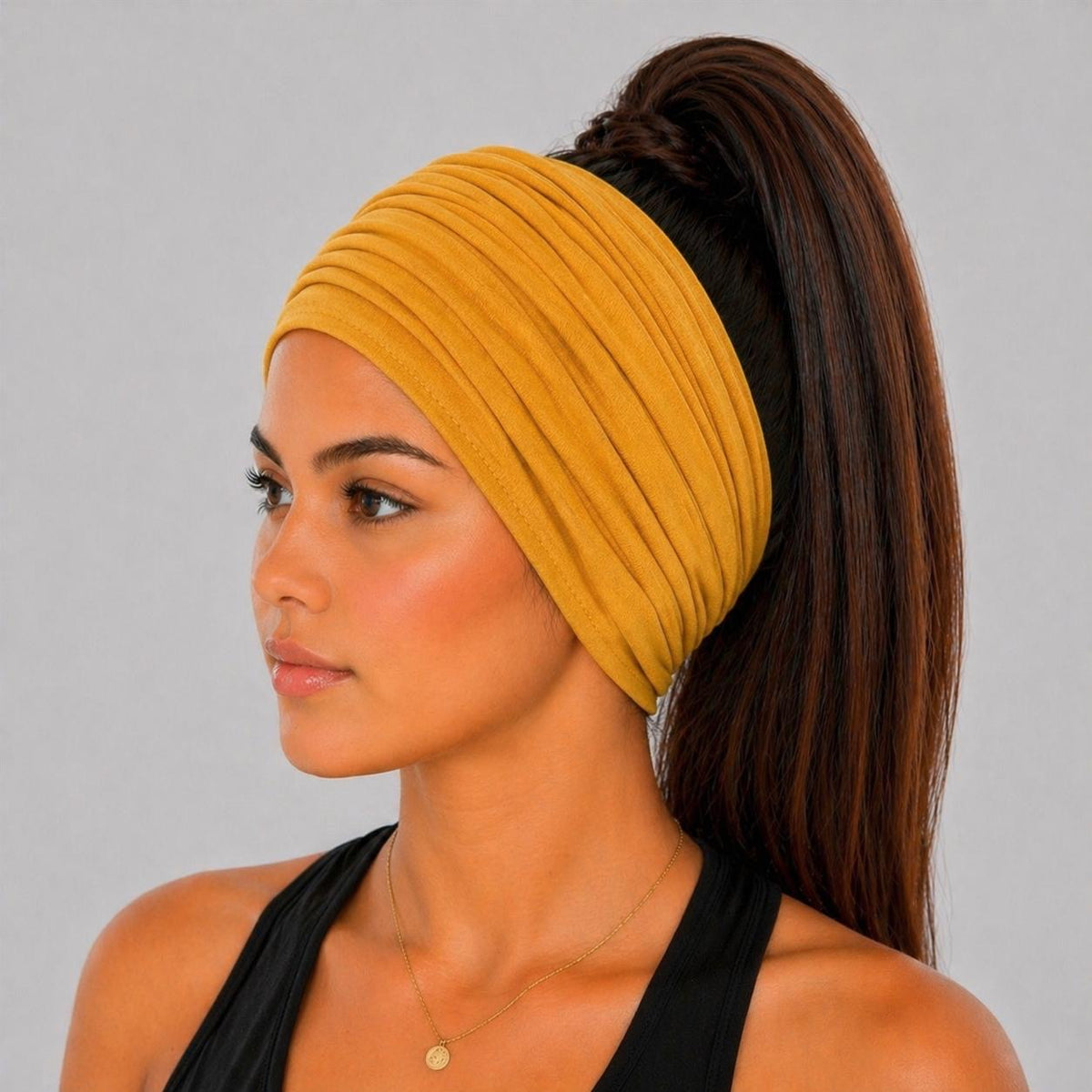 Mustard Extra Wide Cotton Scrunch Headband in soft cotton jersey fabric for everyday wear
