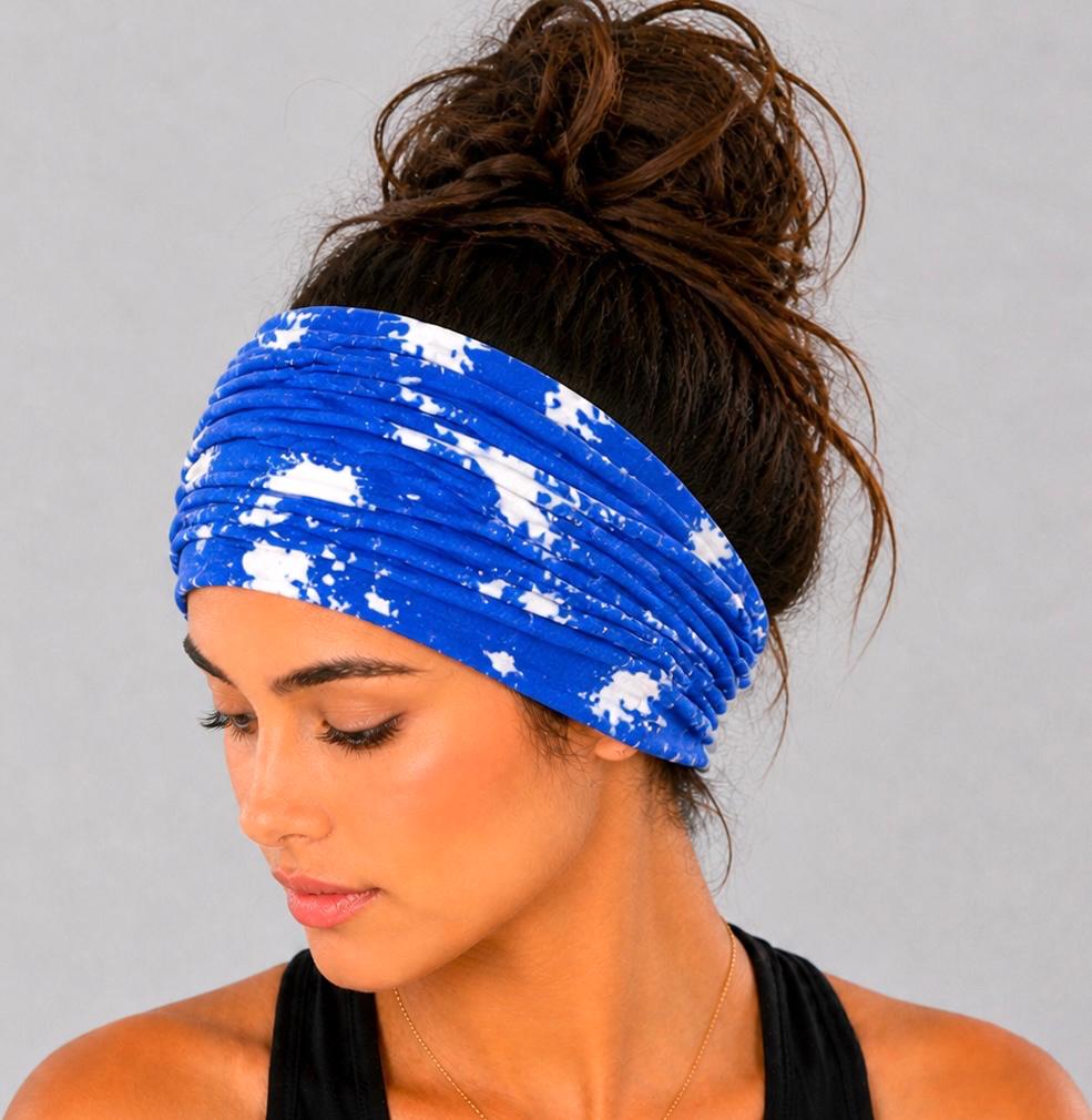 Blue and White Tie-Dye Extra Wide Knit Scrunch Headband handmade from soft stretchy jersey fabric
