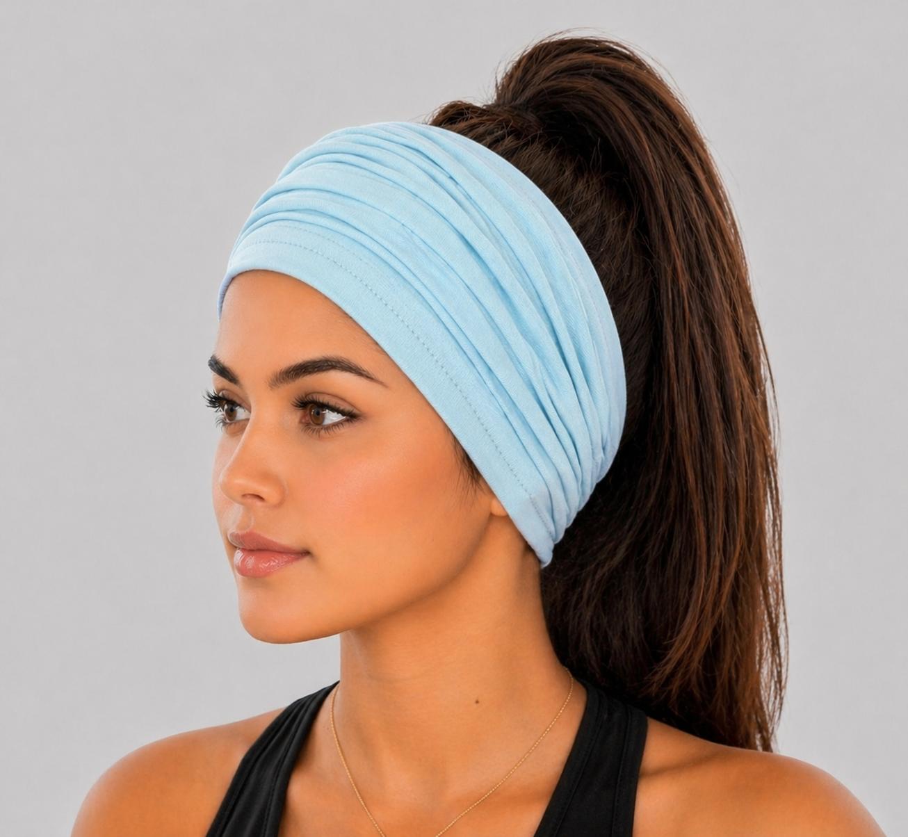 Light Blue Extra Wide Cotton Scrunch Headband made from soft cotton jersey fabric for everyday wear
