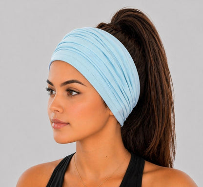 Light Blue Extra Wide Cotton Scrunch Headband made from soft cotton jersey fabric for everyday wear
