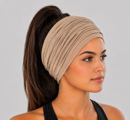 Khaki Extra Wide Cotton Scrunch Headband made from soft cotton jersey fabric for everyday wear

