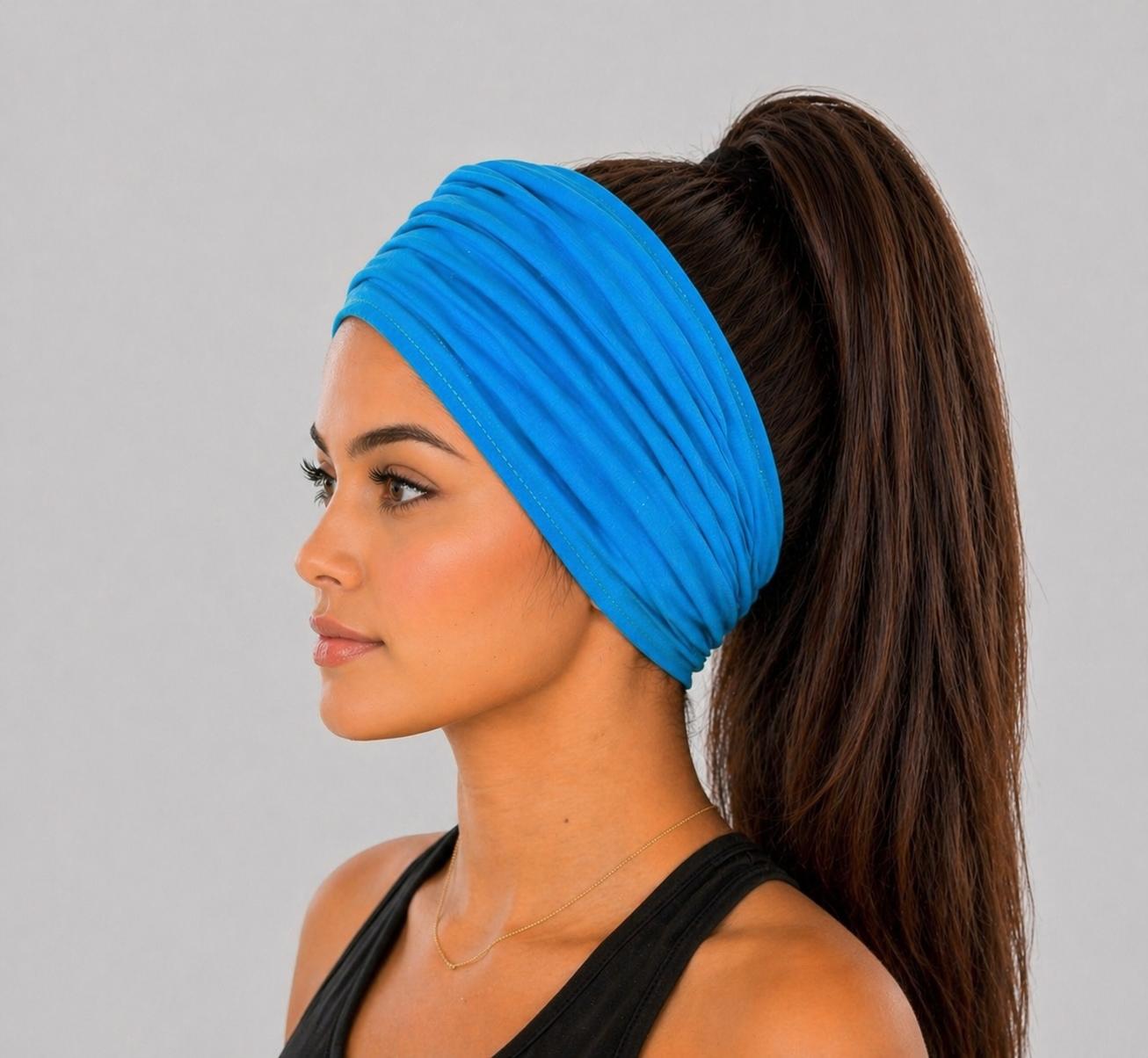 Turquoise Extra Wide Cotton Scrunch Headband made from soft cotton jersey fabric for everyday wear
