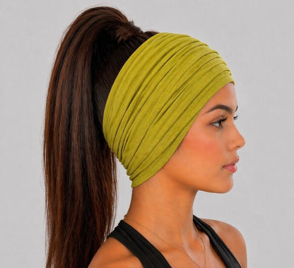 Chartreuse Green Extra Wide Cotton Scrunch Headband handmade from soft stretchy cotton jersey fabric
