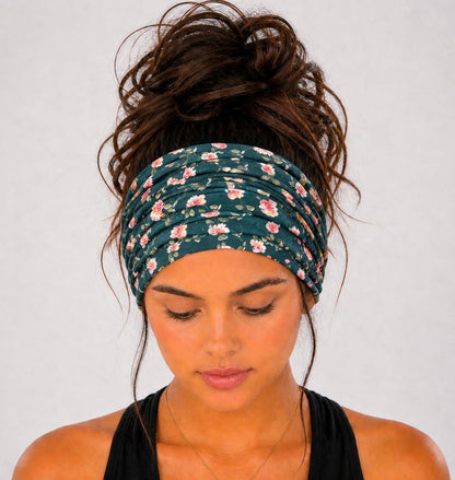 Teal Floral Extra Wide Knit Scrunch Headband with pink and white flowers handmade from soft stretchy jersey fabric