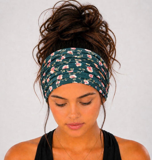 Teal Floral Extra Wide Knit Scrunch Headband with pink and white flowers handmade from soft stretchy jersey fabric