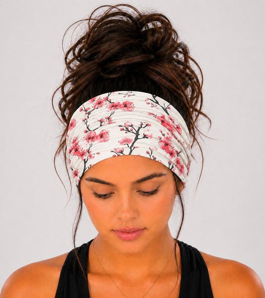 Floral Extra Wide Knit Scrunch Headband made from soft double-brushed knit jersey fabric for everyday comfort
