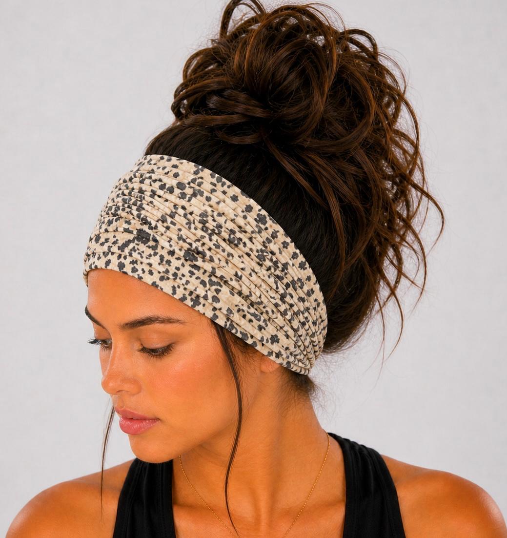 Leopard Extra Wide Knit Scrunch Headband handmade from soft stretchy jersey fabric
