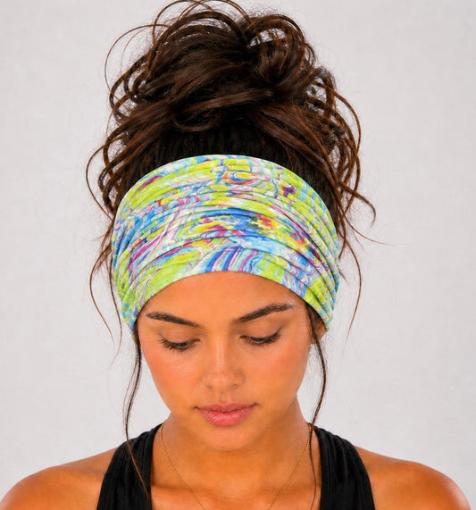 Colorful Tie-Dye Extra Wide Knit Scrunch Headband handmade from soft stretchy jersey fabric
