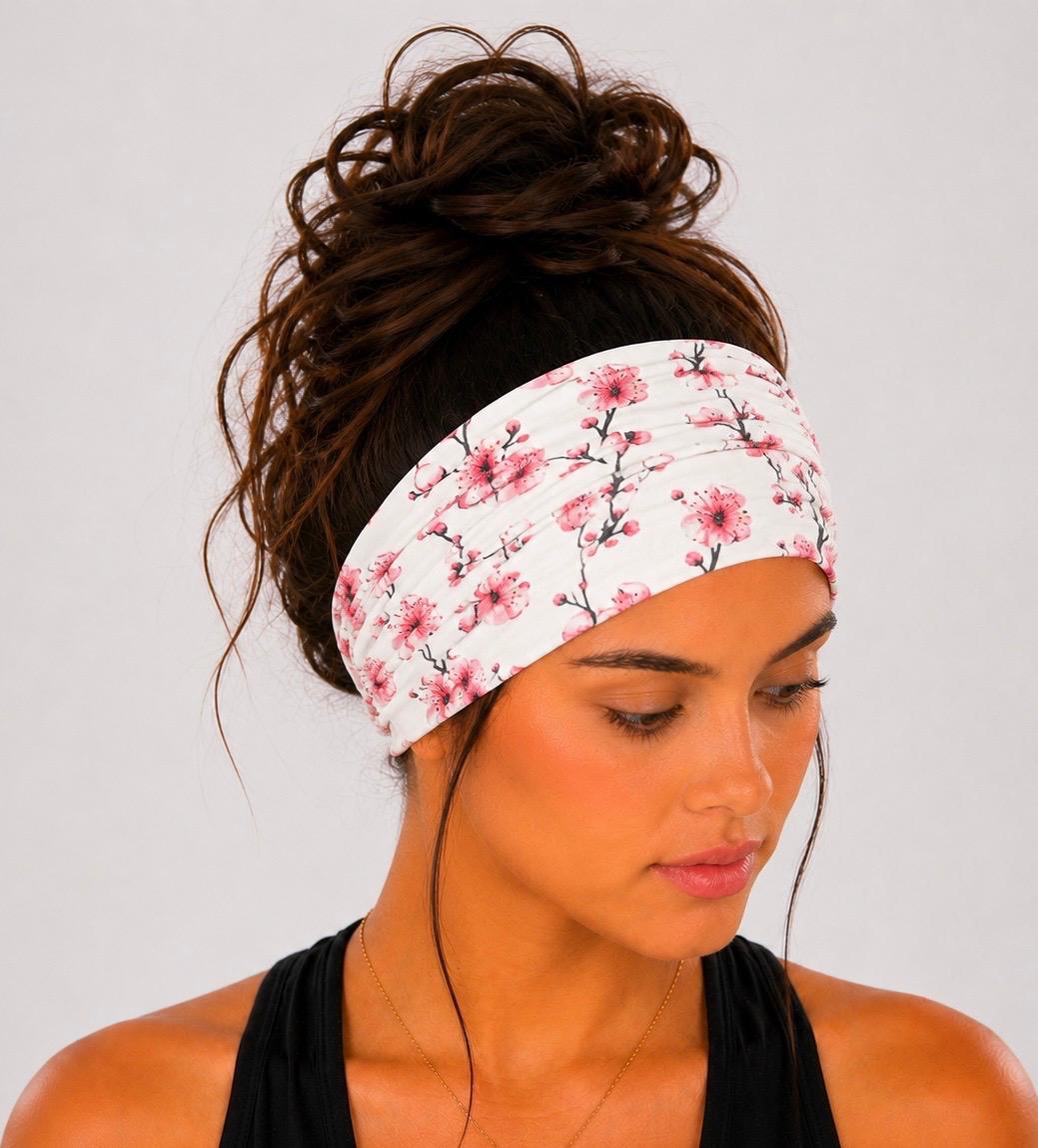 Floral Extra Wide Knit Scrunch Headband made from soft double-brushed knit jersey fabric for everyday comfort
