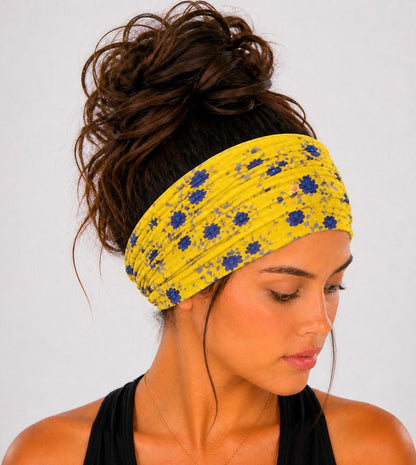 Yellow and Blue Floral Extra Wide Knit Scrunch Headband handmade from soft stretchy jersey fabric
