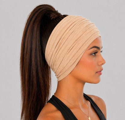 Nude Extra Wide Cotton Scrunch Headband made from soft cotton jersey fabric for everyday wear
