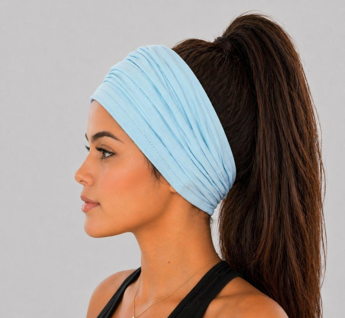 Light Blue Extra Wide Cotton Scrunch Headband made from soft cotton jersey fabric for everyday wear
