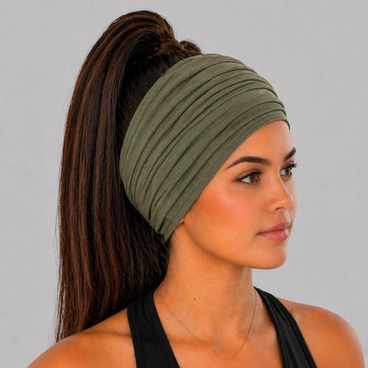 Olive Green Extra Wide Cotton Scrunch Headband made from soft cotton jersey fabric for everyday wear