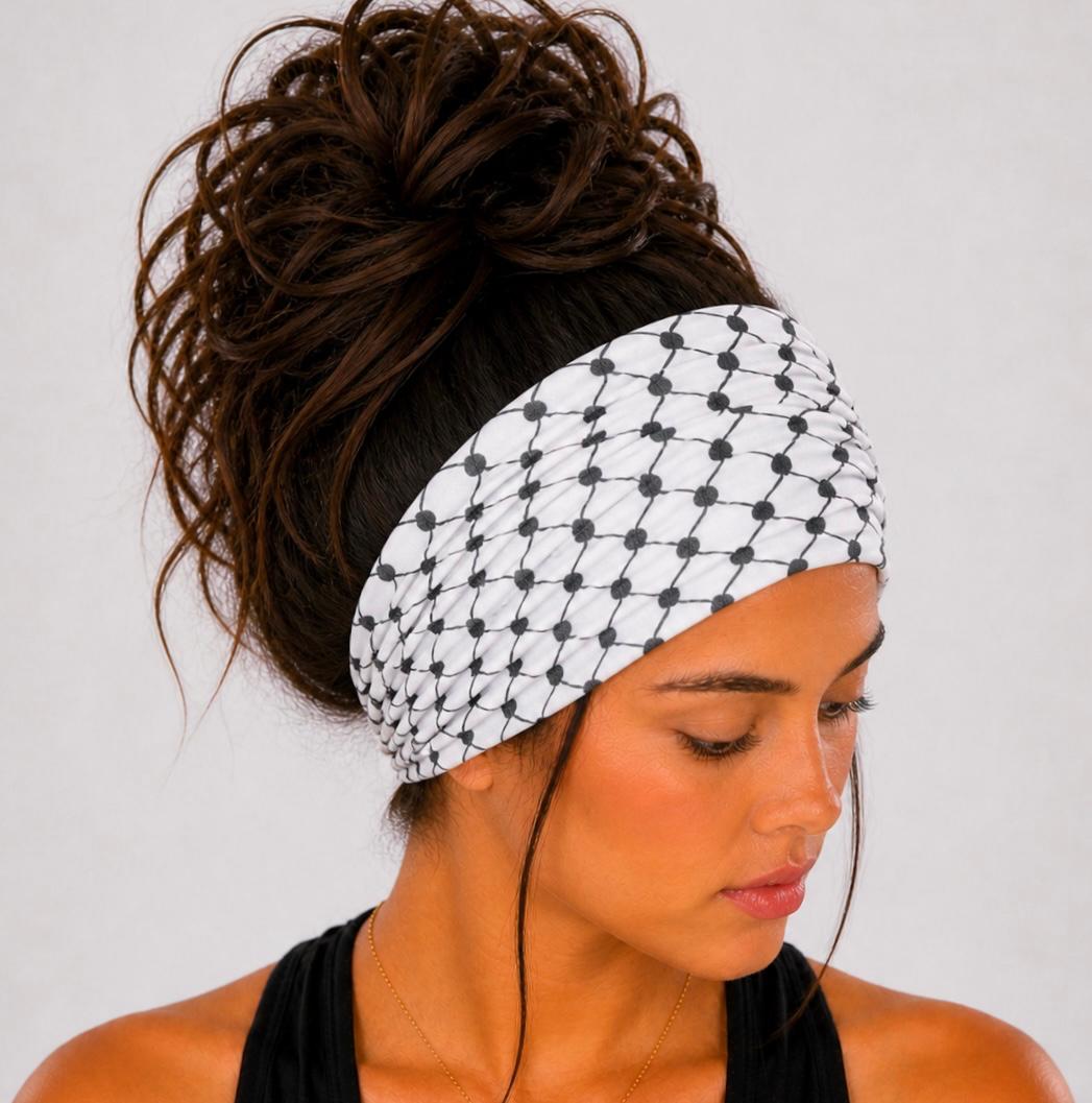 Kufiya Extra Wide Knit Scrunch Headband handmade from soft stretchy jersey fabric

