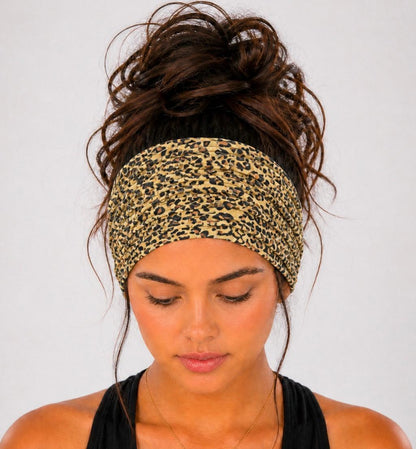 Cheetah Extra Wide Scrunch Headband handmade from soft stretchy jersey fabric
