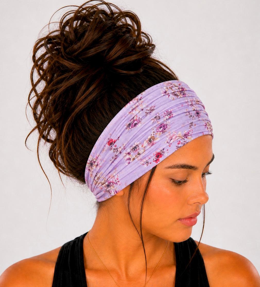 Floral Extra Wide Knit Scrunch Headband handmade from soft stretchy jersey fabric
