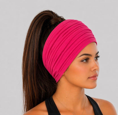 Hot Pink Extra Wide Cotton Scrunch Headband made from soft cotton jersey fabric for everyday wear
