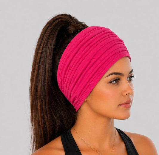 Hot Pink Extra Wide Cotton Scrunch Headband made from soft cotton jersey fabric for everyday wear
