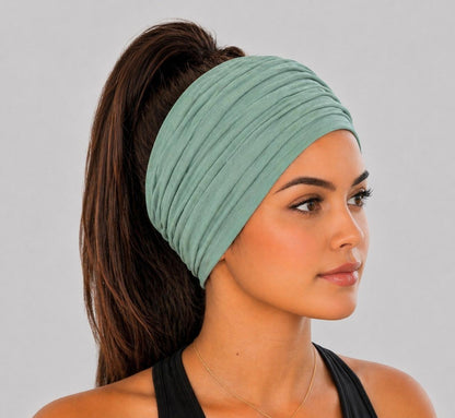 Sage Green Extra Wide Cotton Scrunch Headband made from soft cotton jersey fabric for everyday wear
