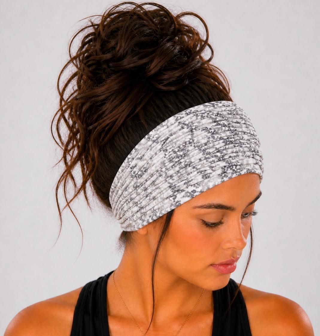 Grey and White Tie Dye Extra Wide Knit Scrunch Headband handmade from soft stretchy jersey fabric
