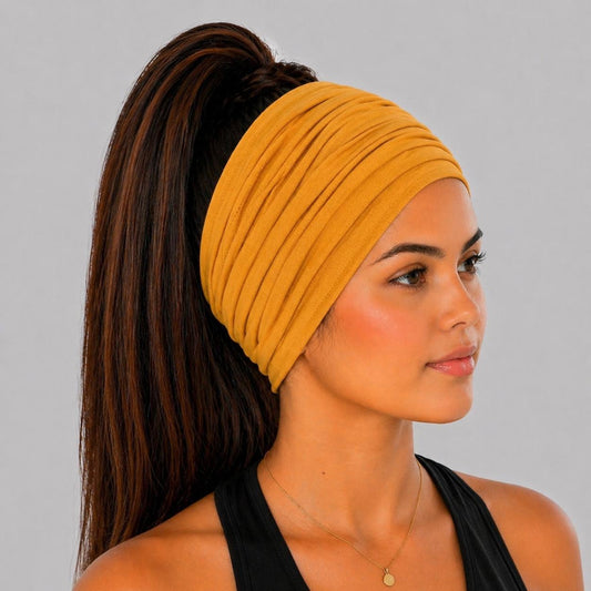 Mustard Extra Wide Cotton Scrunch Headband in soft cotton jersey fabric for everyday wear
