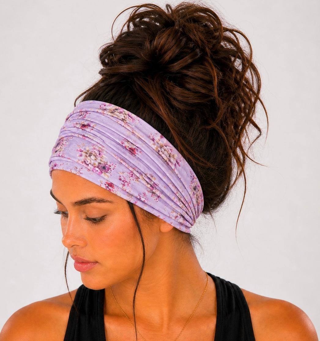 Floral Extra Wide Knit Scrunch Headband handmade from soft stretchy jersey fabric
