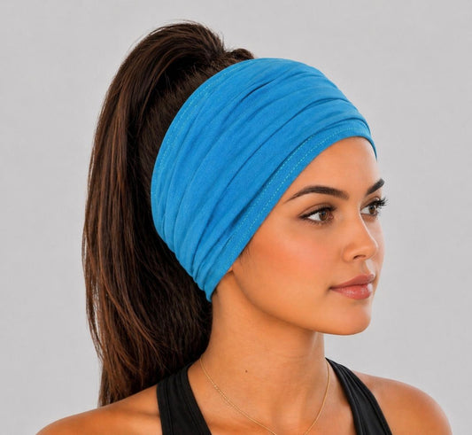 Turquoise Extra Wide Cotton Scrunch Headband made from soft cotton jersey fabric for everyday wear
