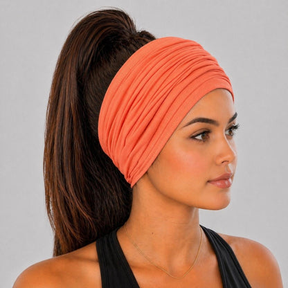 Peach Extra Wide Cotton Scrunch Headband made from soft cotton jersey fabric for everyday wear

